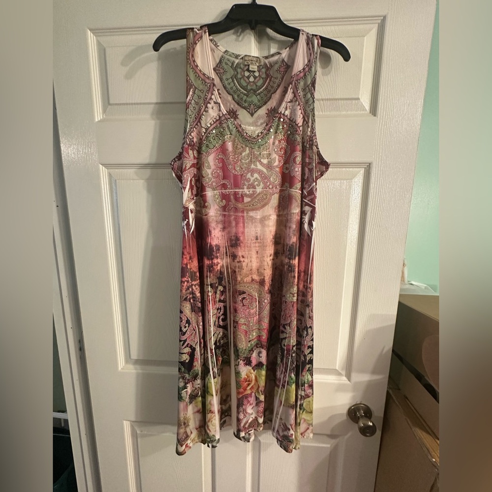 One world, Live and Let Live Green and Pink Patterned dress.